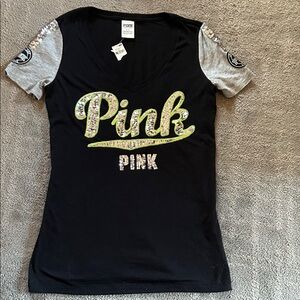 PINK Victoria's Secret Black and Gray Sequin Logo Tee